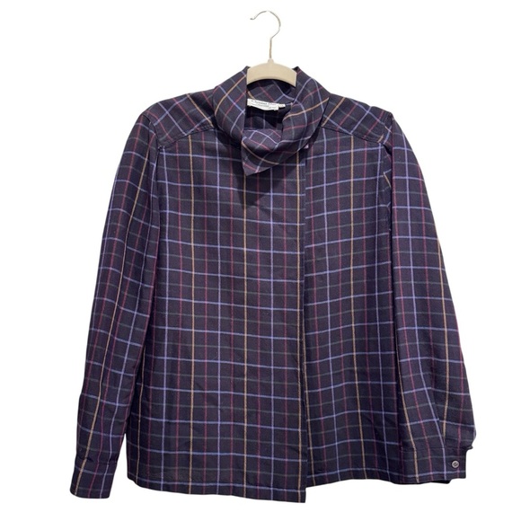 Vintage 80s Christian Dior Wool Turtleneck Button Down Shirt Retro Plaid Navy 14 - Picture 1 of 16